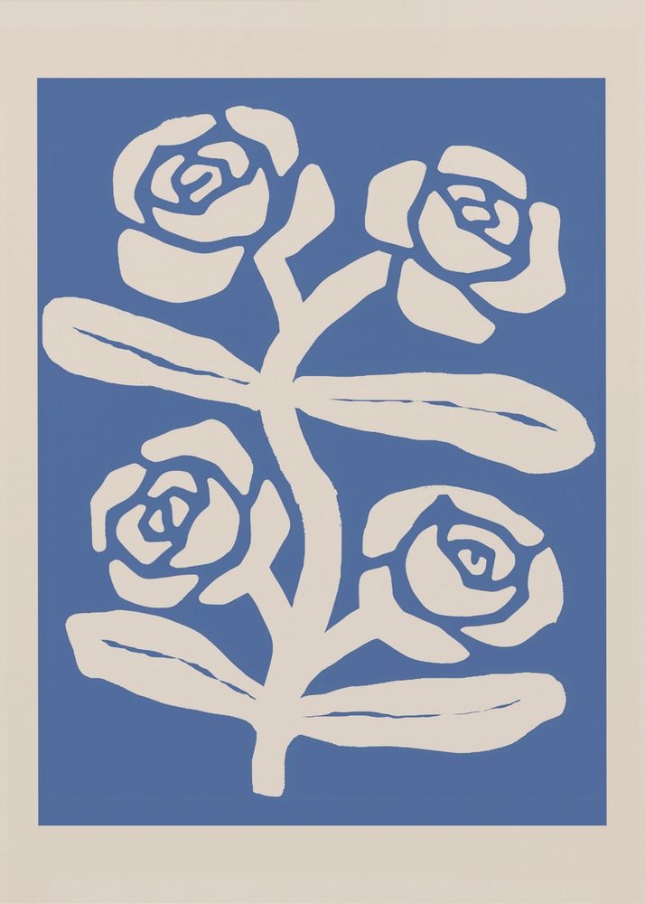 Minimalist white roses blue poster with a graphic illustration of white roses and leaves on a blue background