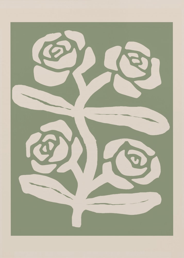 Minimalist white roses green poster with a graphic illustration of white roses and leaves on a sage green background