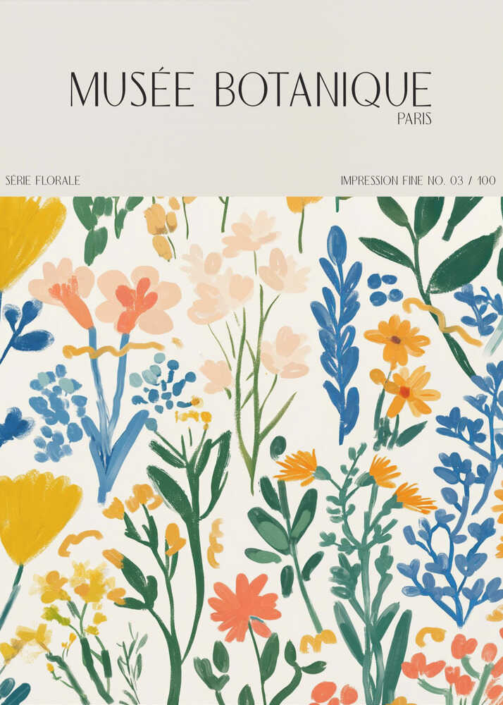 Musée Botanique Paris floral poster with a vibrant floral pattern of colorful wildflowers labeled Musée Botanique Paris