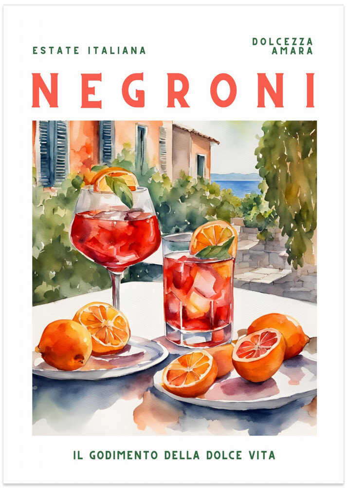 Negroni watercolor poster with a watercolor of Negroni cocktails with oranges on a table overlooking an Italian coastal scene
