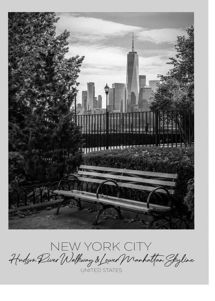 New York City skyline poster with a black and white view of a park bench and the Lower Manhattan skyline