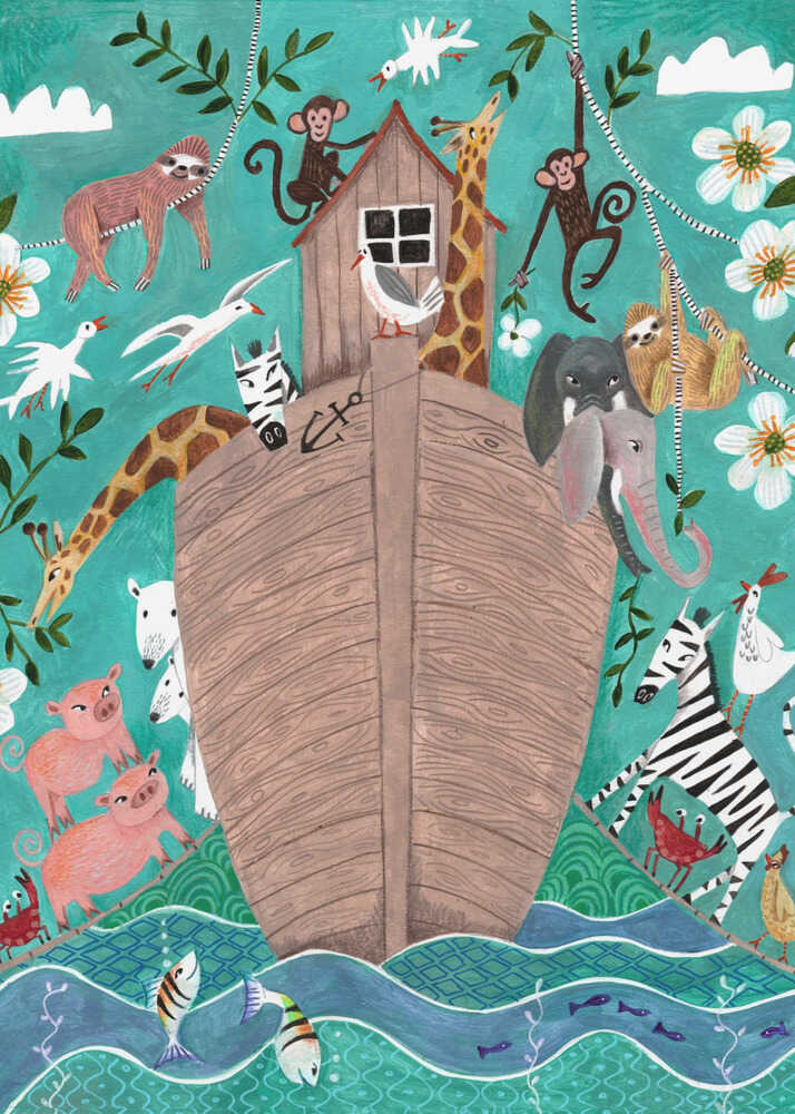 Noahs ark animals illustration poster with a whimsical illustration of Noahs Ark with various animals around a wooden boat