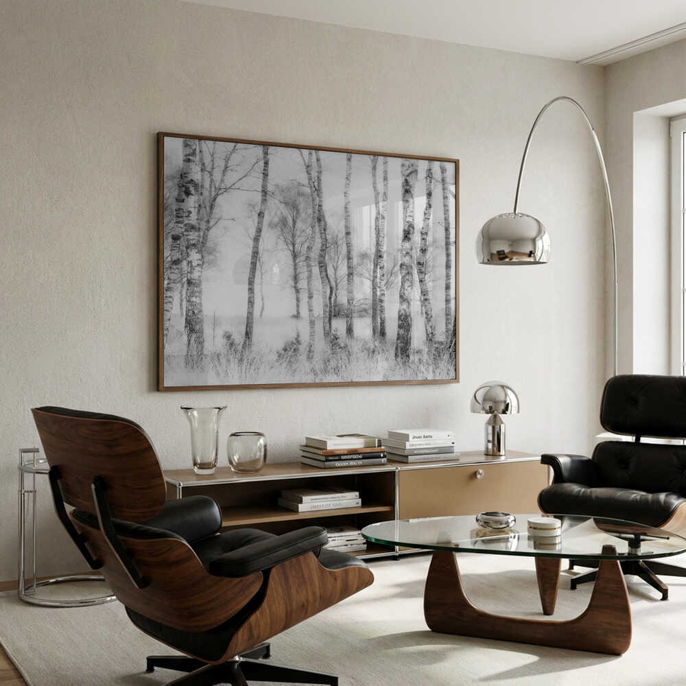 Sort-hvid plakat med birkeskov