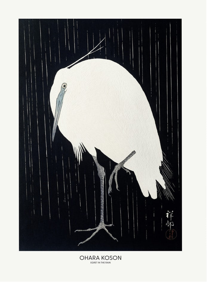 Ohara Koson Egret in the Rain poster with a white egret against black rain
