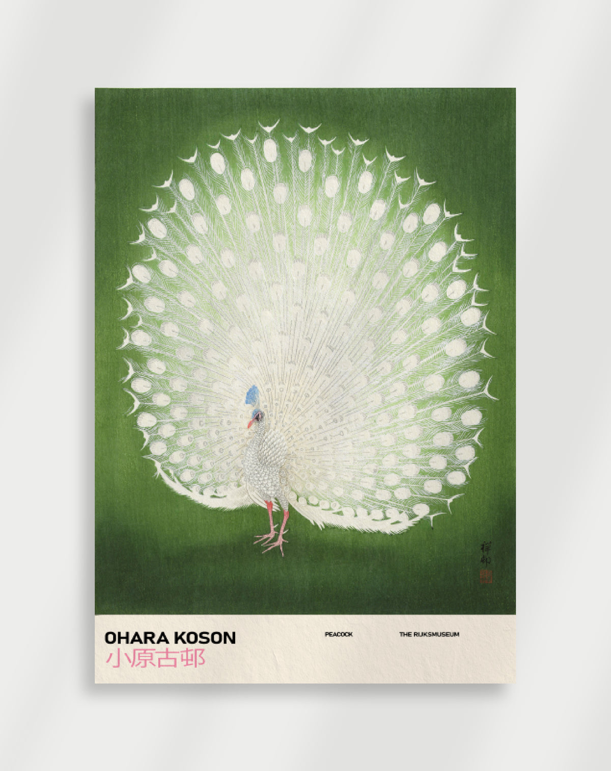 Ohara Koson Peacock poster with a white peacock fanning its tail on green