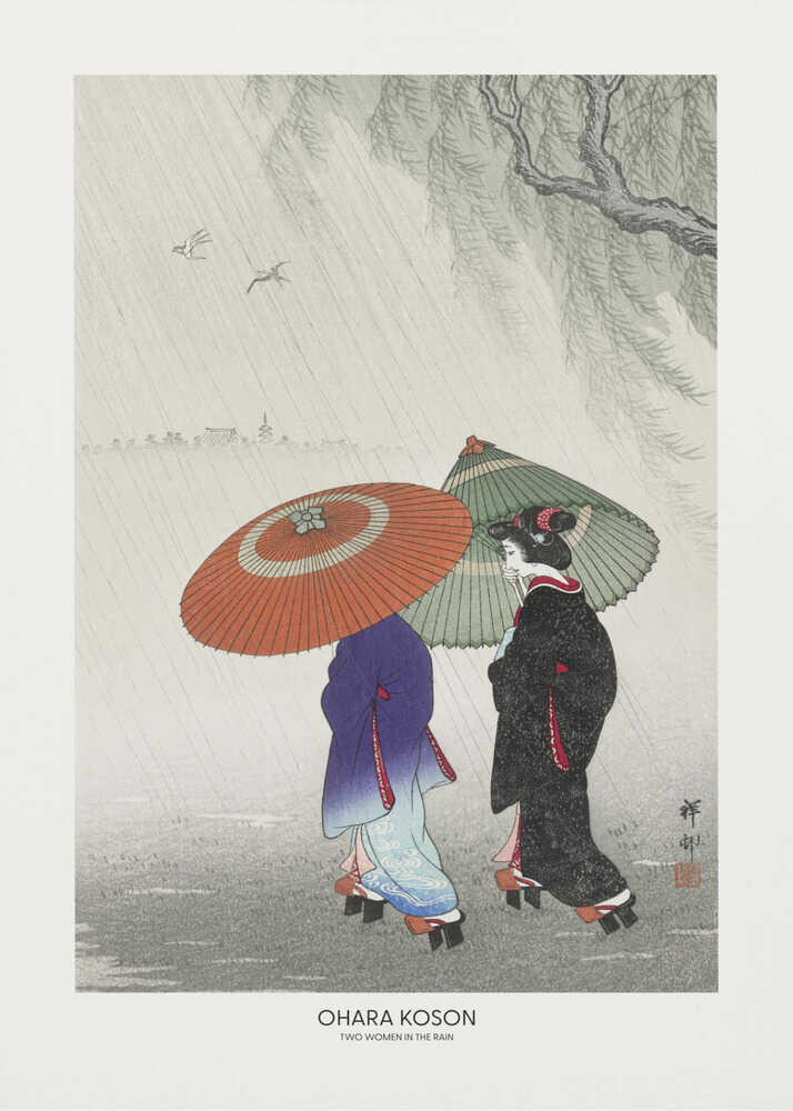 Ohara Koson Two Women in the Rain poster with two women under red and green umbrellas