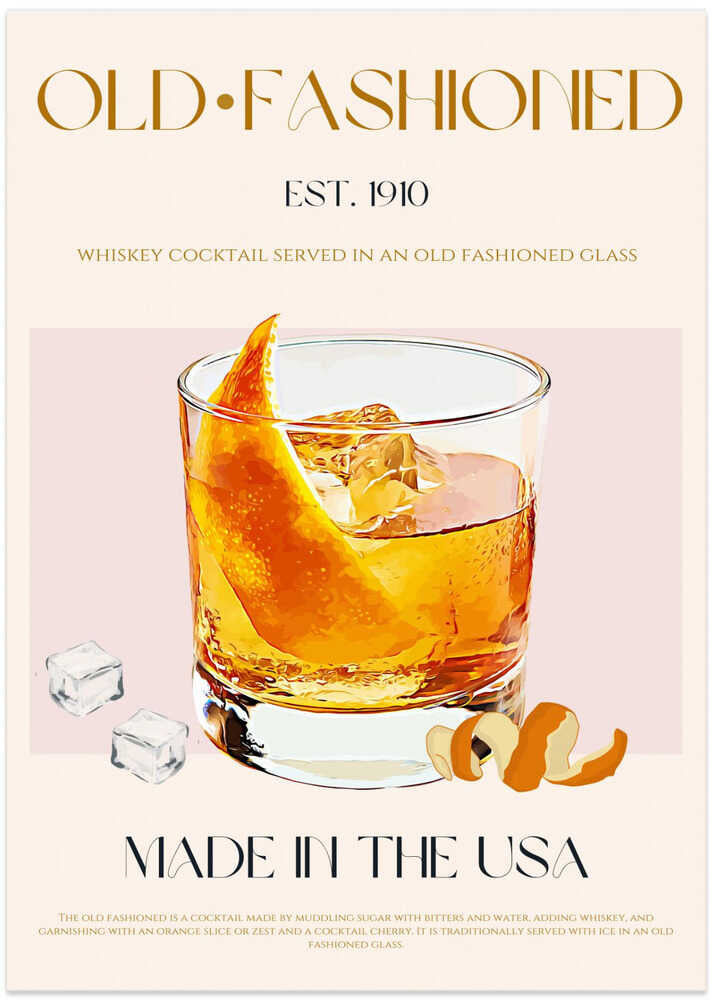 Old fashioned cocktail poster with a graphic of an Old Fashioned whiskey cocktail in a glass with orange peel and ice