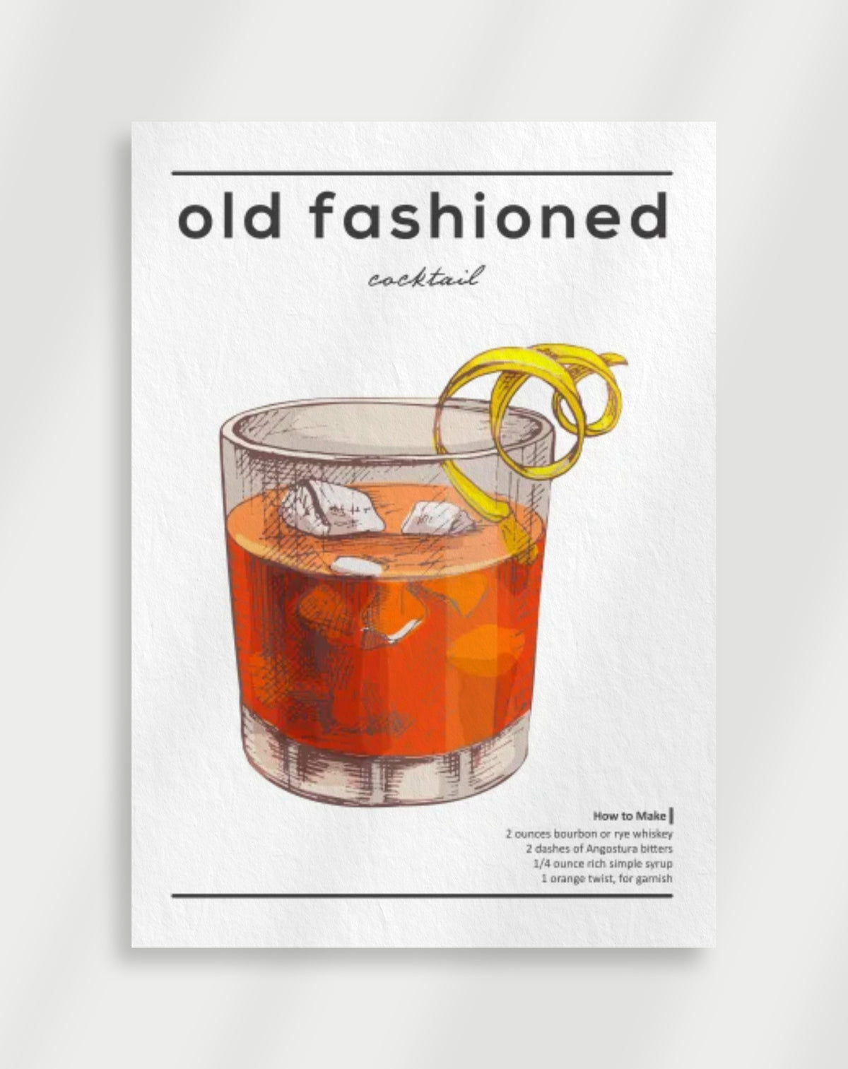 Old fashioned illustration poster with a line drawing of an old fashioned cocktail in a glass with ice and an orange twist