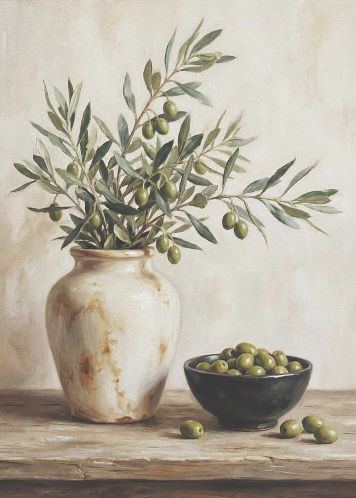 Olive still life poster with olive branches in a white vase and a bowl of olives on a table