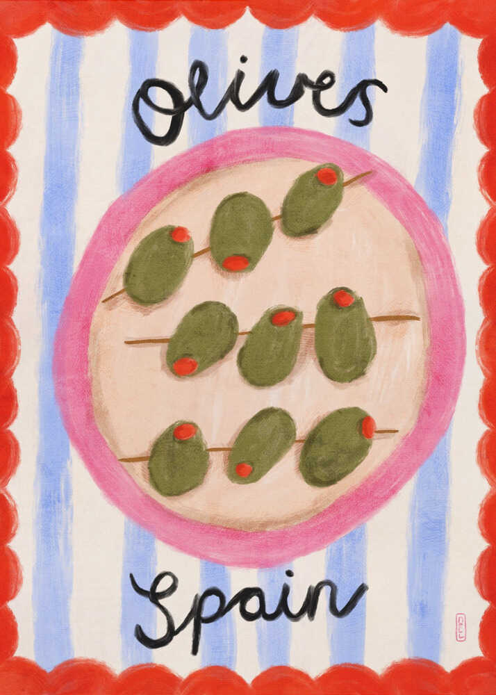 Olives Spain poster with a playful illustration of green olives on skewers on a pink plate against blue stripes