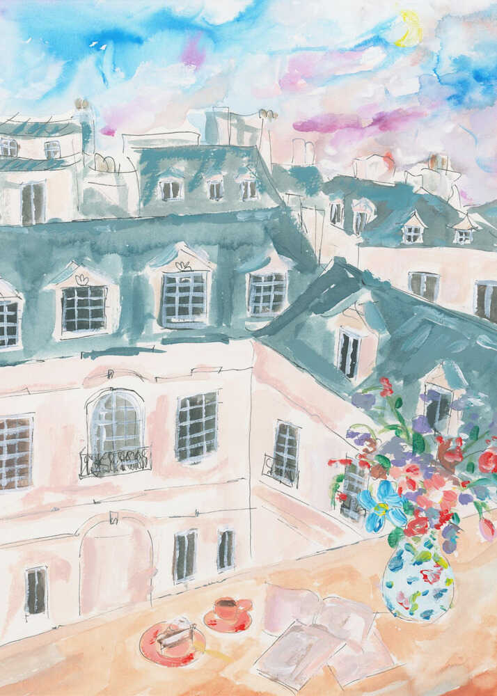 Parisian rooftops poster with watercolor buildings, a table with coffee, croissant and a flower vase