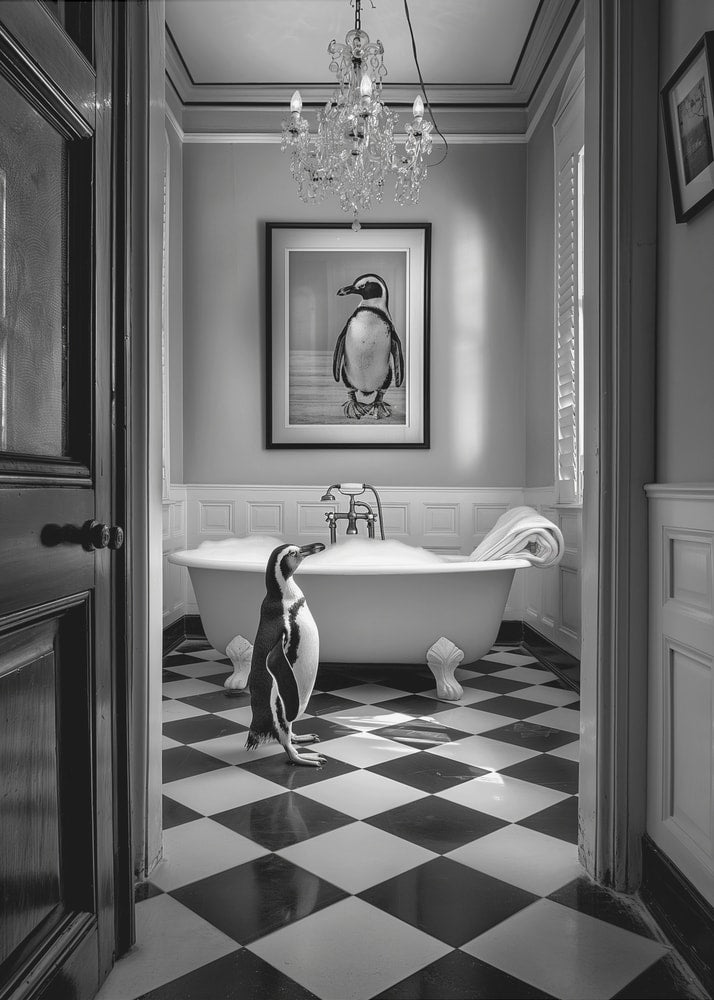 Penguin bathroom poster with a black and white view of a penguin in a bathroom with a bathtub