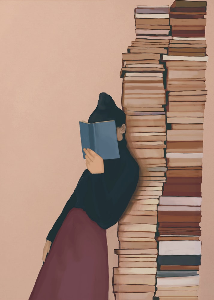 Person reading against book stack poster with an illustration of a person reading a book while leaning against a tall stack of books