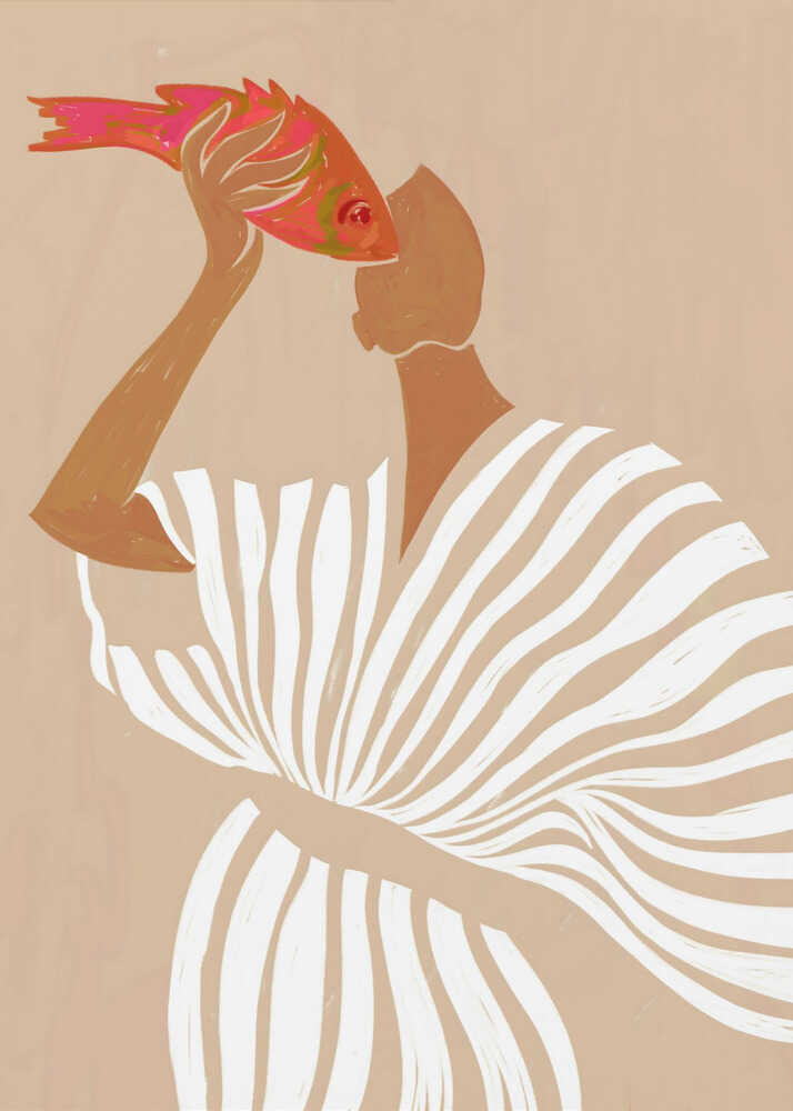 Person red fish poster with a stylized illustration of a person in a striped dress holding a red fish