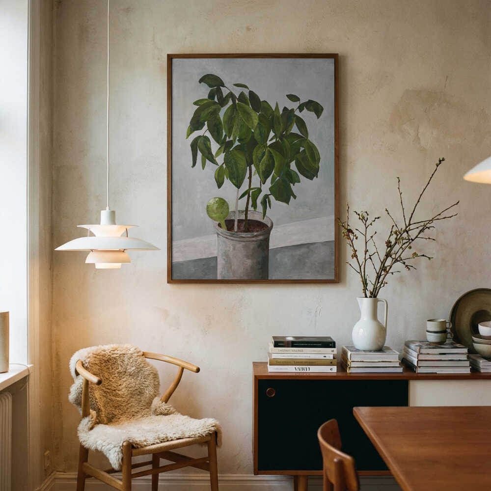 Stilleben: Plakat med potteplante