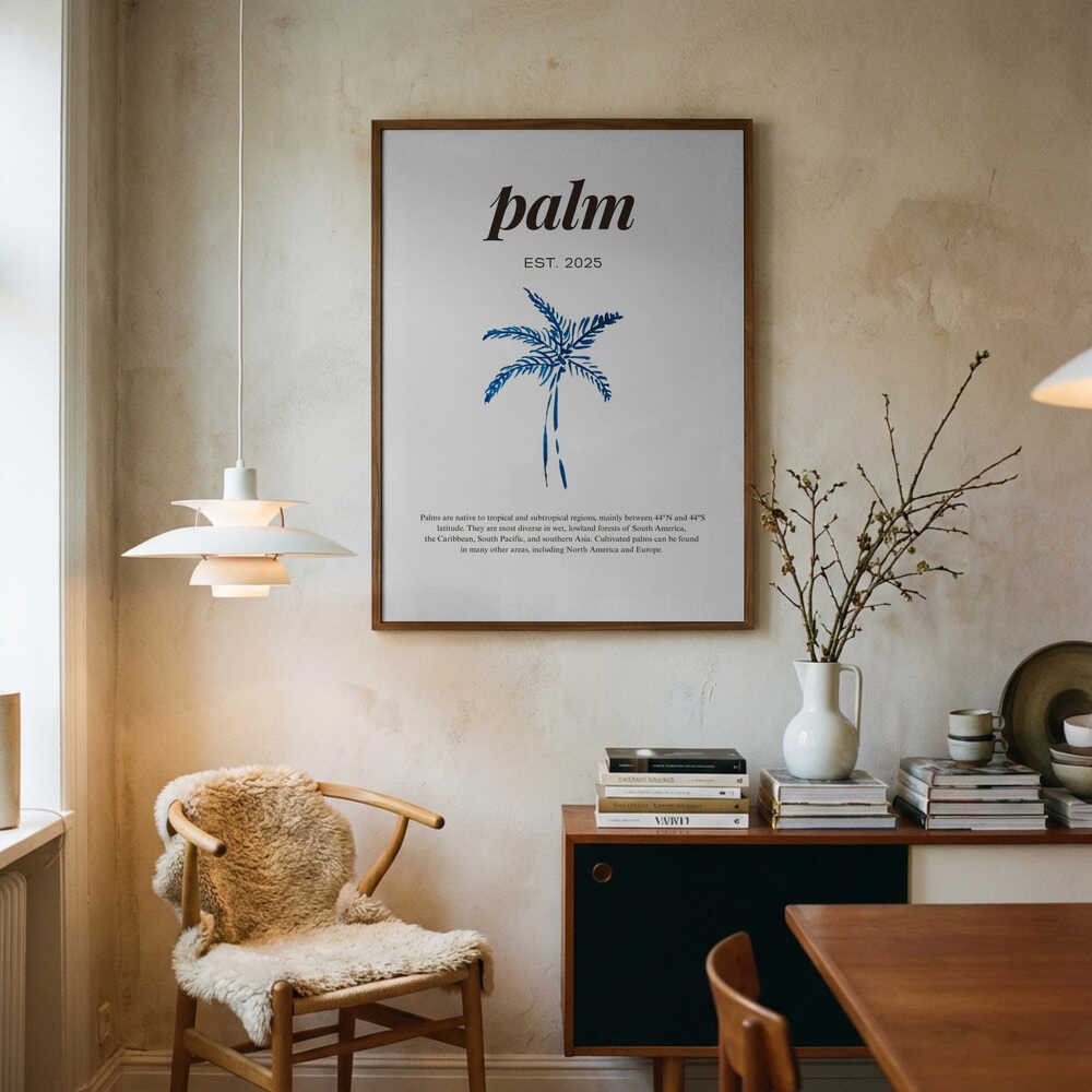 Blå akvarelplakat med palmetekst