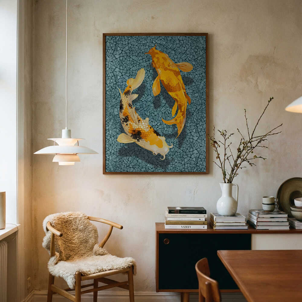 Japandi-plakat med mosaik af koi-fisk