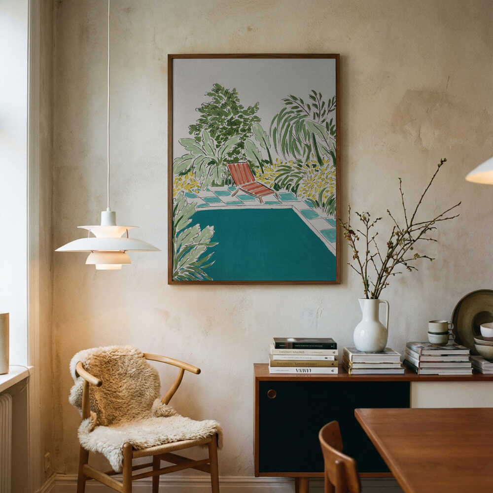 Afslappende haveplakat ved poolen