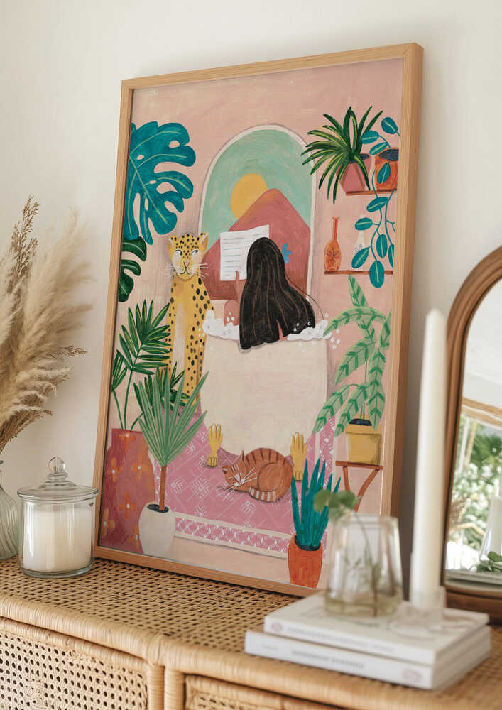 Woman taking bath in pink tropical bathroom Poster