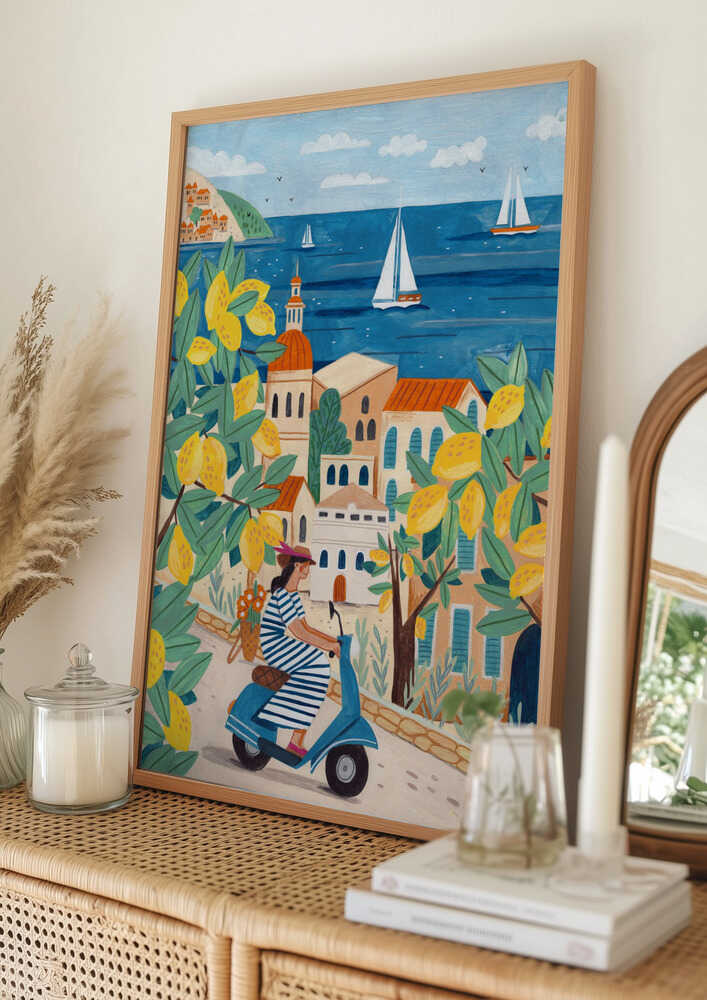 Rejseplakat: kvinde på Amalfikysten, Italien Plakat