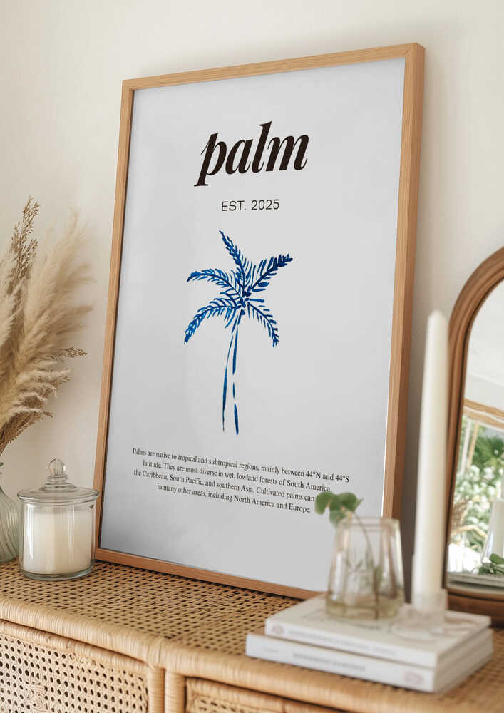 Blå akvarelplakat med palmetekst