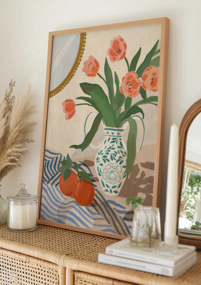 Plakat med friske tulipaner og appelsiner