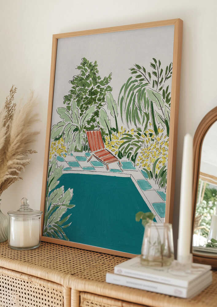 Afslappende haveplakat ved poolen