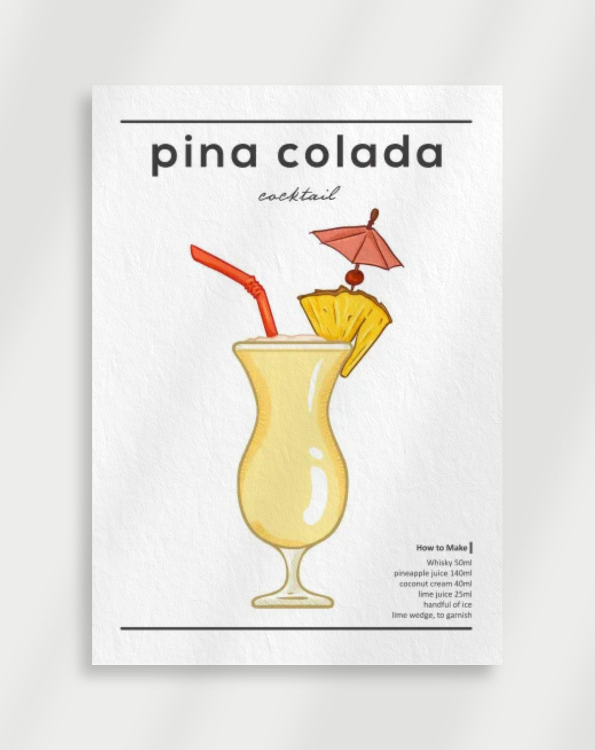 Pina colada illustration poster with a line drawing of a pina colada in a hurricane glass with pineapple and a straw