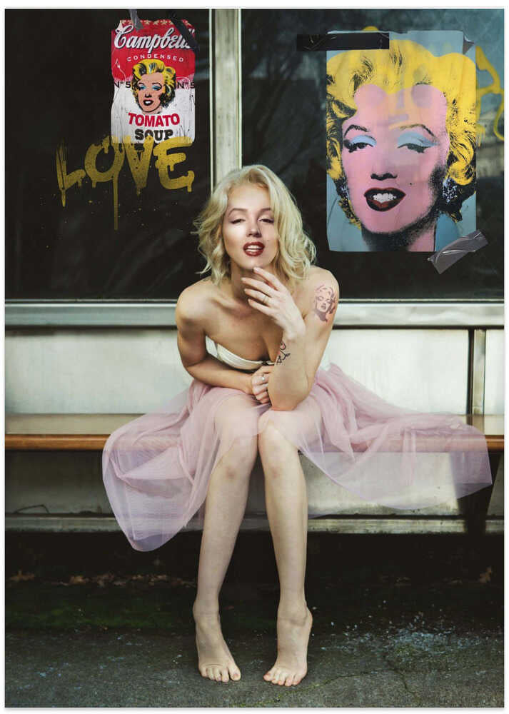 Pink dress portrait poster with a blonde woman in a pink tulle dress sitting barefoot