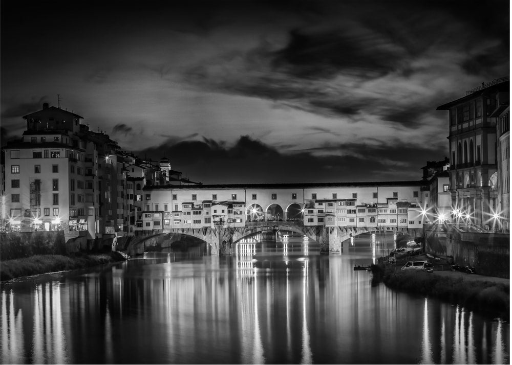 Ponte Vecchio poster with a black and white night view of the Ponte Vecchio bridge and reflections