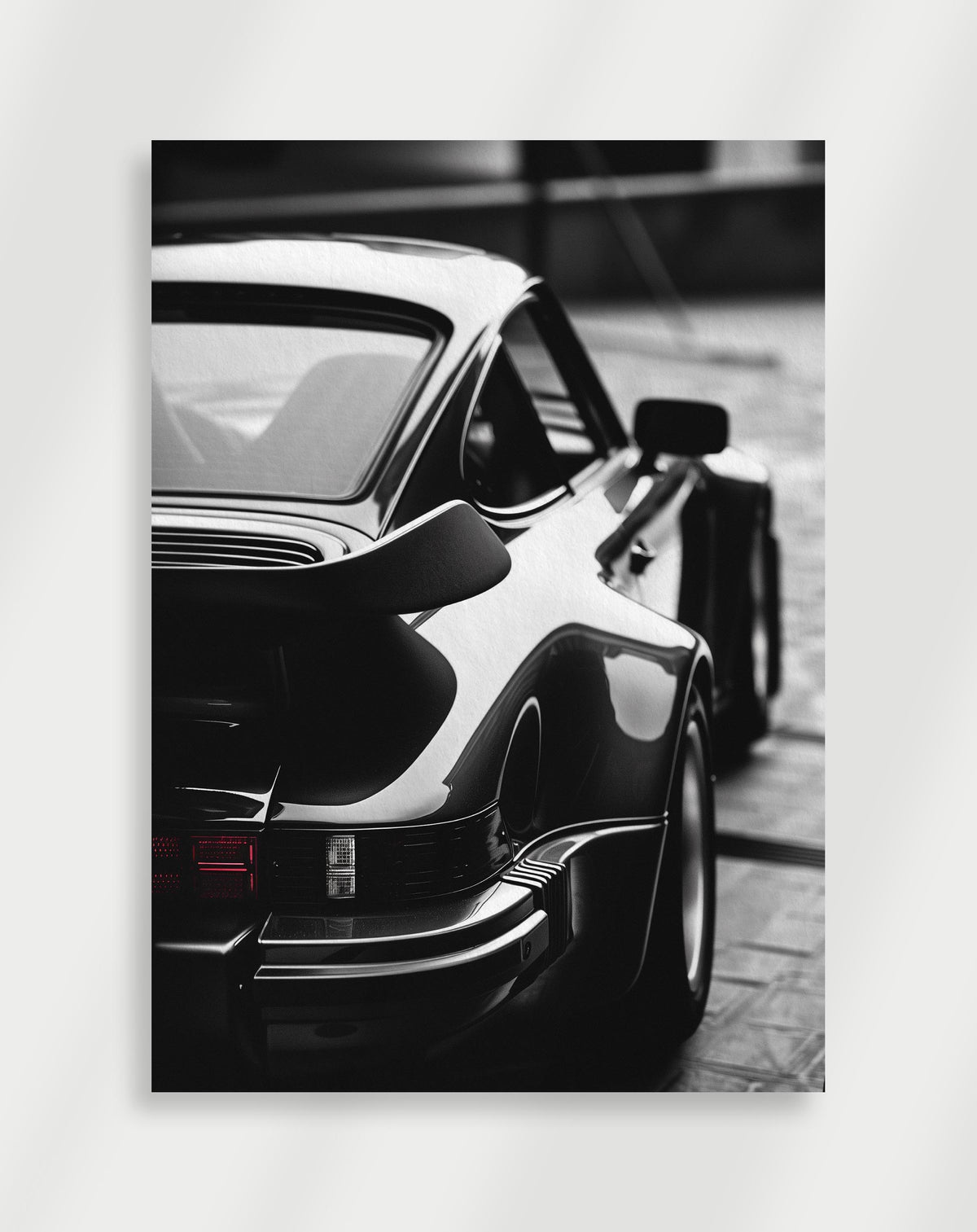 Porsche 911 poster with a black and white view of the rear of a classic Porsche 911