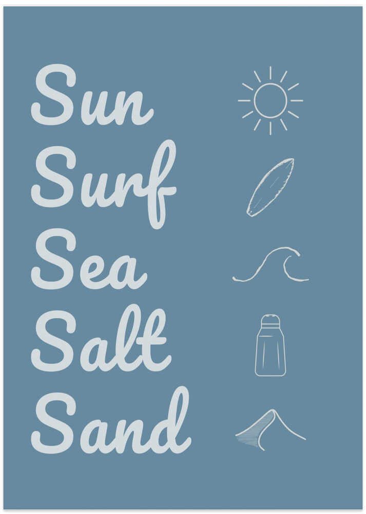 Sol Surf Hav Salt Sand Mørkeblå Plakat