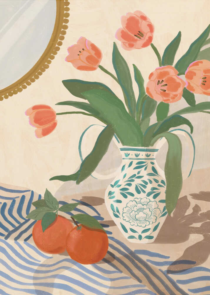 Plakat med friske tulipaner og appelsiner