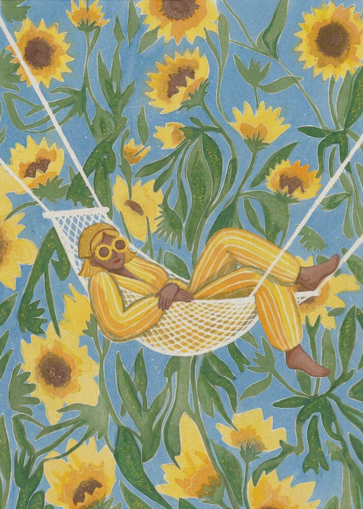 Relaxing Among Sunflowers Poster