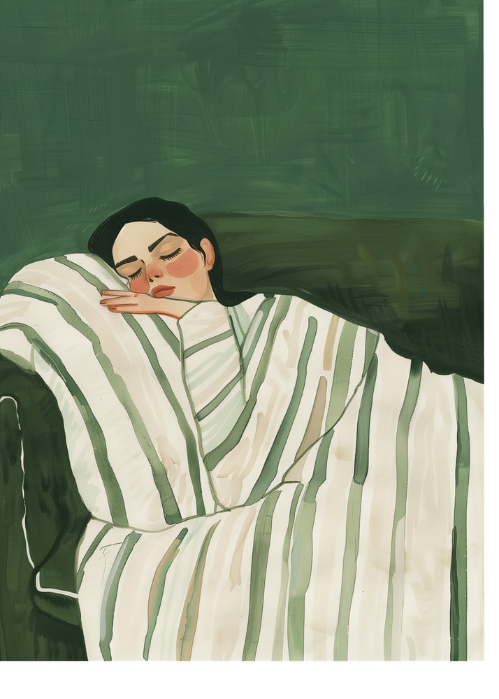 Sleeping woman poster with a painting of a woman sleeping under a green and white striped blanket