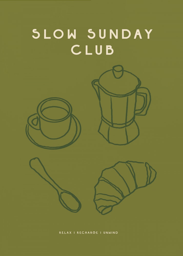 Slow Sunday Club poster with line drawings of a cup, moka pot, spoon and croissant on olive green