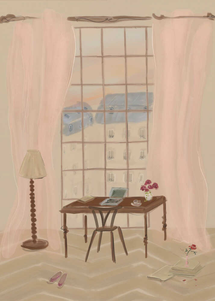 Soft illustration workspace desk poster with a soft illustrated interior of a room with a wooden desk laptop and pink curtains