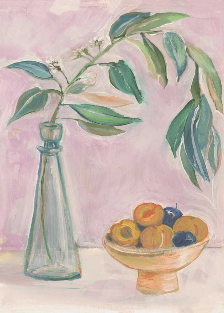 Still life fruit bowl glass vase poster with a painterly still life of a bowl of fruit and a glass vase with green leafy branches