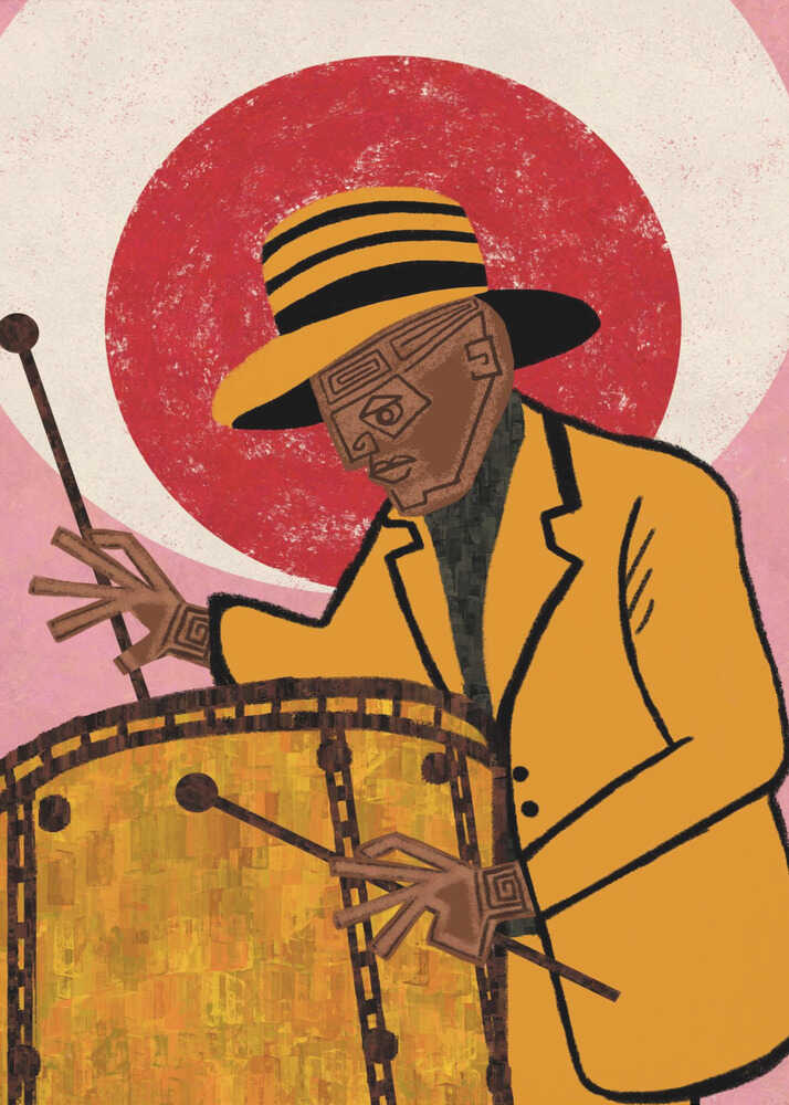 Stylized drummer yellow suit poster with a geometric illustration of a drummer in a yellow suit and hat playing a large drum