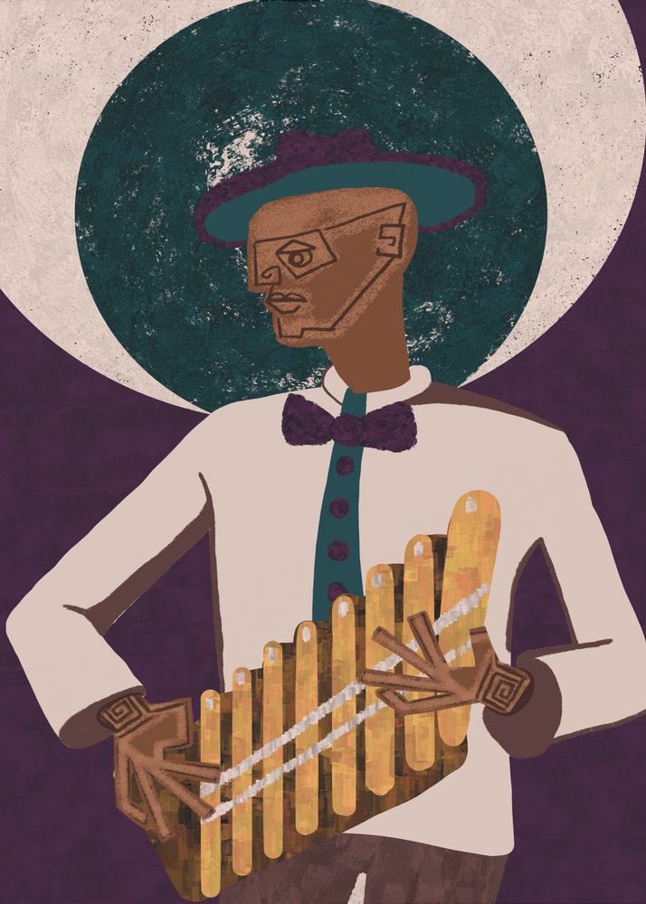 Stylized pan flute musician poster with a geometric illustration of a musician in a white shirt and hat playing a pan flute