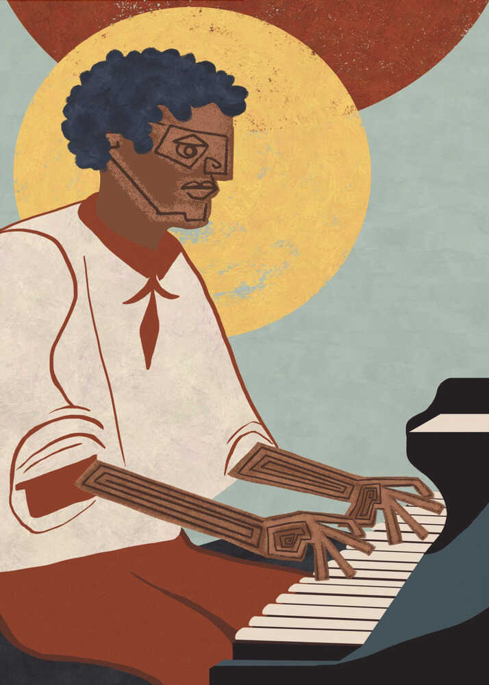 Stylized pianist blue hair poster with a geometric illustration of a pianist in a white shirt playing piano against a yellow circle