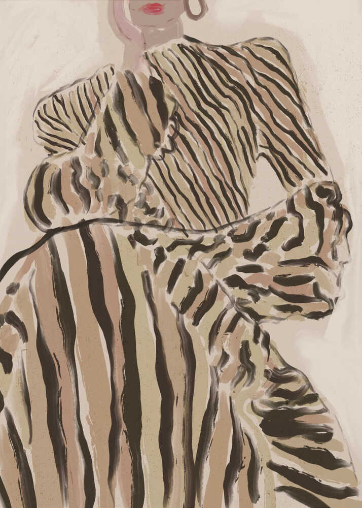 Stylized striped fashion illustration poster with a stylized fashion illustration of a woman in a bold black and beige striped dress