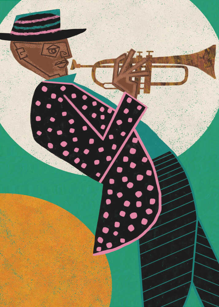 Stylized trumpeter polka dot poster with a geometric illustration of a trumpeter in a black polka-dot jacket and hat playing trumpet