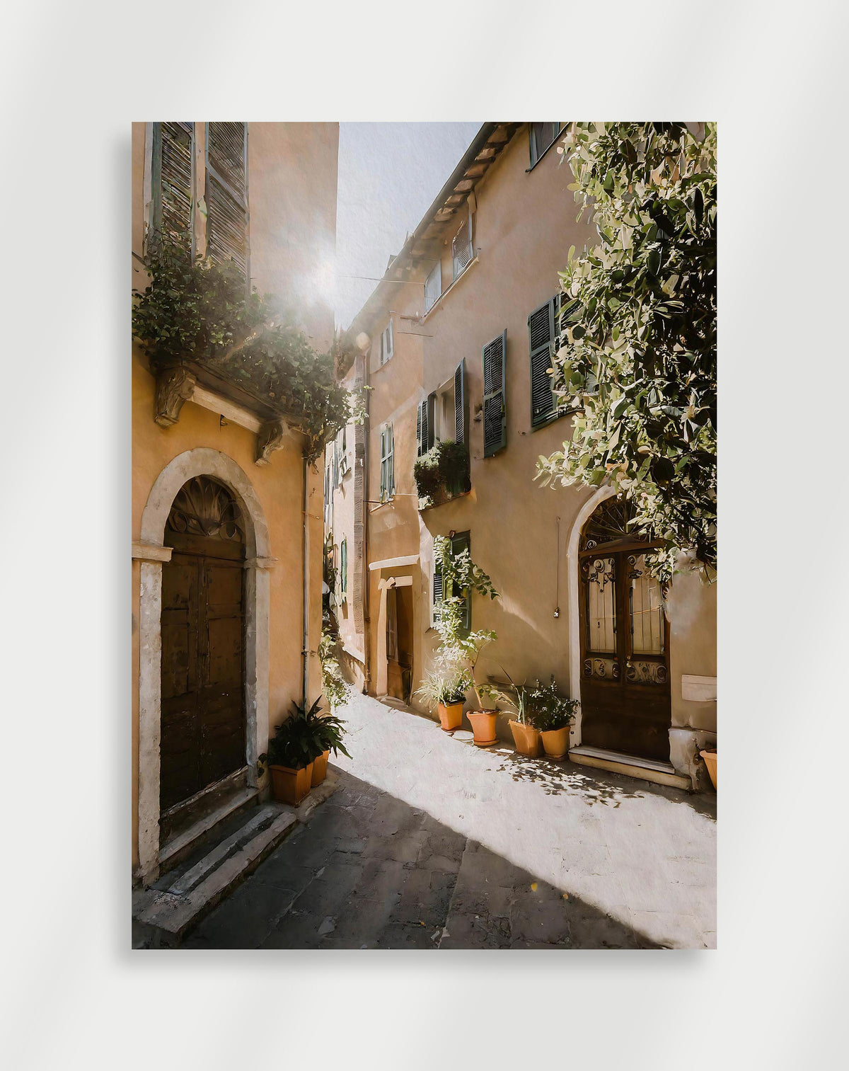 Sunlit alley green shutters poster with a narrow sunlit alley with peach walls, green shutters and potted plants