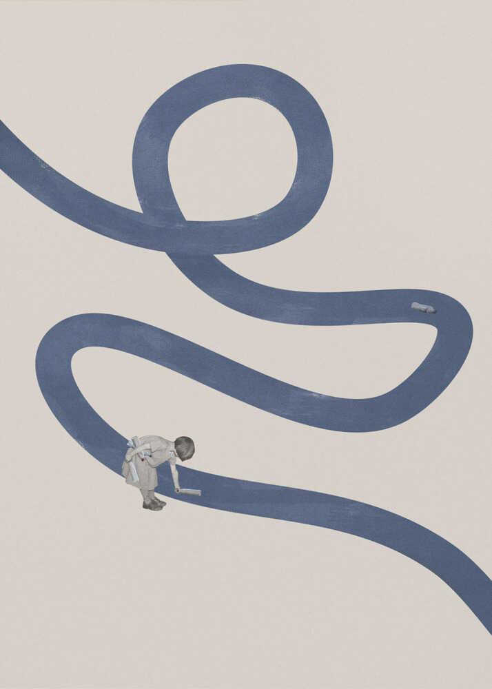Surreal child winding road poster with a surreal illustration of a small child bending over a large winding blue road