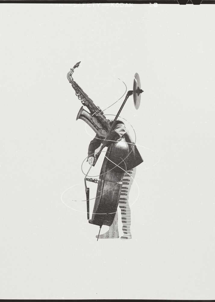Surreal jazz instruments collage poster with a black and white collage of a saxophone double bass piano keys and cymbal