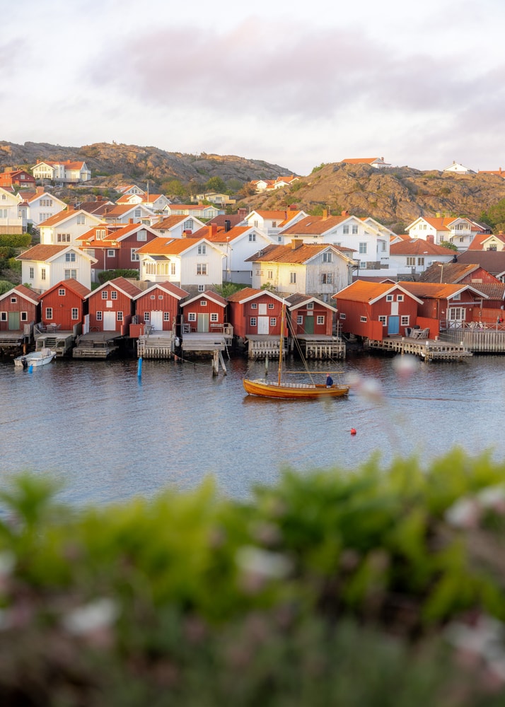 Swedish coastal houses poster with red and white wooden houses by the water and a boat