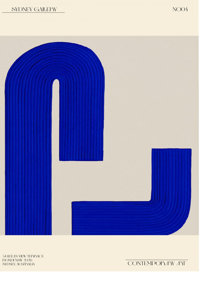 Sydney gallery blue arches poster with a minimalist geometric composition of bold blue arched shapes on a beige background