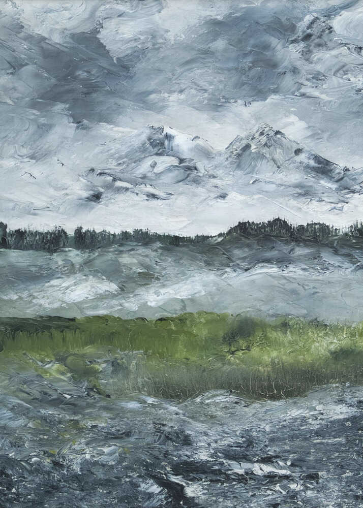 Textured mountain landscape painting poster with a textured impasto landscape of mountains under cloudy sky with green fields