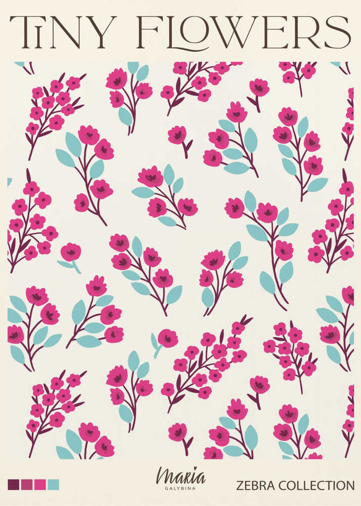 Tiny flowers pattern poster with a repeating pattern of small pink flowers with teal leaves titled Tiny Flowers